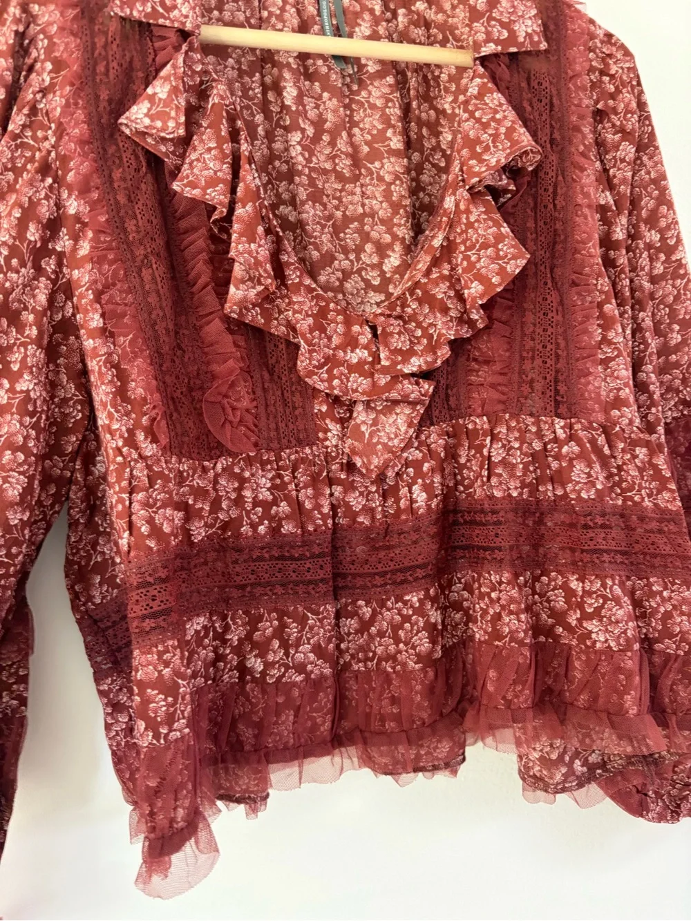 By Antropologie Ruffled V-Neck Popover Balloon Sleeve Red Floral Boho Blouse